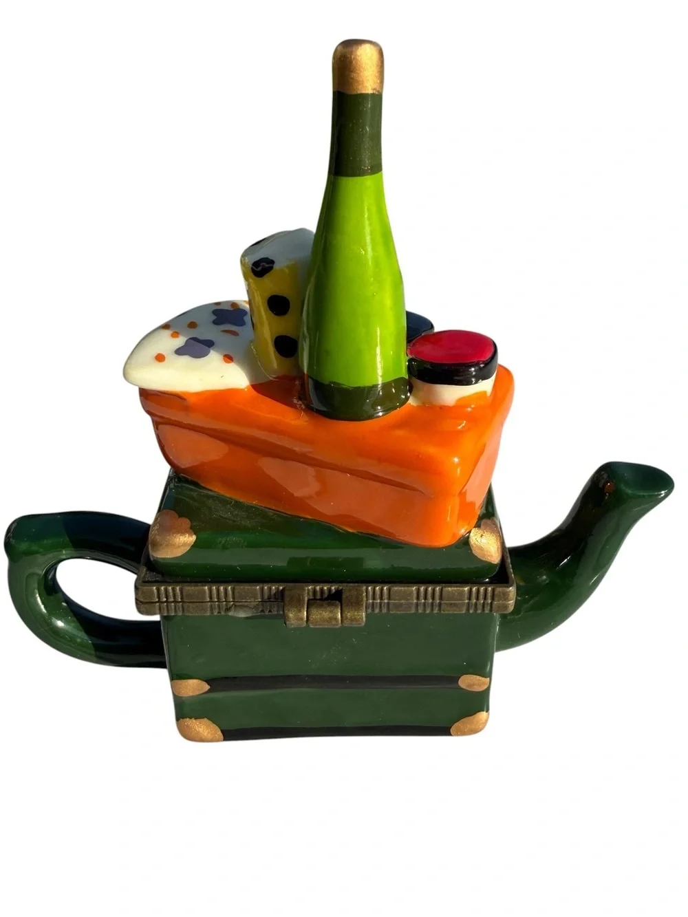 Vintage Travel Suitcase Teapot Trinket Box Champagne Beer Ceramic Jewelry Box 4”